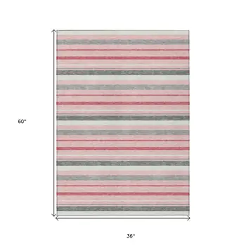 3' X 5' Pink And Gray Striped Washable Indoor Outdoor Area Rug