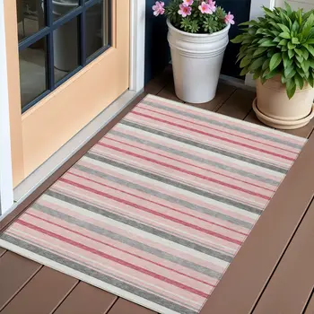 3' X 5' Pink And Gray Striped Washable Indoor Outdoor Area Rug