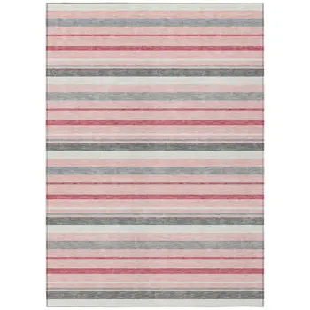 3' X 5' Pink And Gray Striped Washable Indoor Outdoor Area Rug