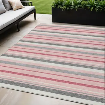 5' X 8' Pink And Gray Striped Washable Indoor Outdoor Area Rug