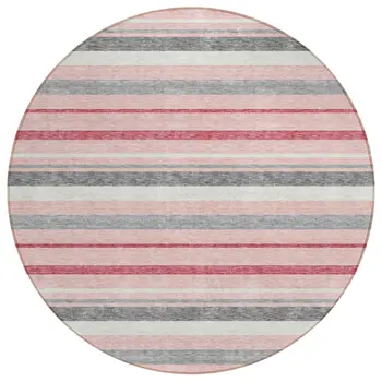 8' Pink And Gray Round Striped Washable Indoor Outdoor Area Rug