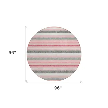 8' Pink And Gray Round Striped Washable Indoor Outdoor Area Rug