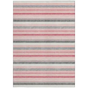 8' X 10' Pink And Gray Striped Washable Indoor Outdoor Area Rug