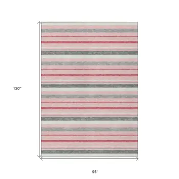 8' X 10' Pink And Gray Striped Washable Indoor Outdoor Area Rug