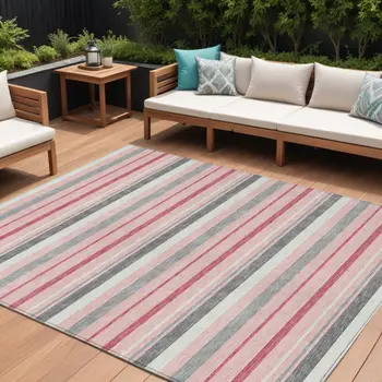 8' X 10' Pink And Gray Striped Washable Indoor Outdoor Area Rug
