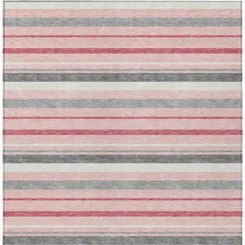 8' X 10' Pink And Gray Striped Washable Indoor Outdoor Area Rug