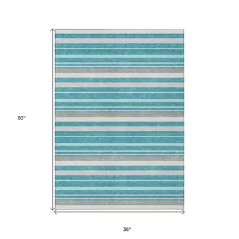 3' X 5' Teal Blue Gray And Ivory Striped Washable Indoor Outdoor Area Rug