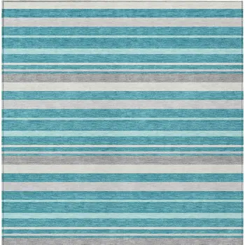 5' X 8' Teal Blue Gray And Ivory Striped Washable Indoor Outdoor Area Rug