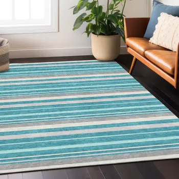 5' X 8' Teal Blue Gray And Ivory Striped Washable Indoor Outdoor Area Rug