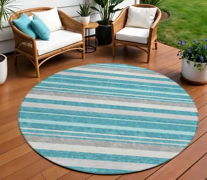 8' Teal Blue Gray And Ivory Round Striped Washable Indoor Outdoor Area Rug