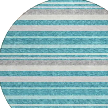 8' Teal Blue Gray And Ivory Round Striped Washable Indoor Outdoor Area Rug