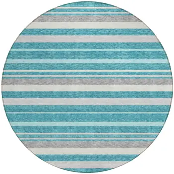 8' Teal Blue Gray And Ivory Round Striped Washable Indoor Outdoor Area Rug