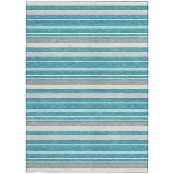8' X 10' Teal Blue Gray And Ivory Striped Washable Indoor Outdoor Area Rug