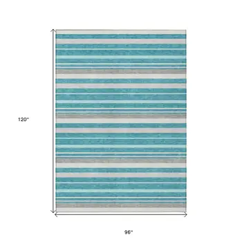 8' X 10' Teal Blue Gray And Ivory Striped Washable Indoor Outdoor Area Rug