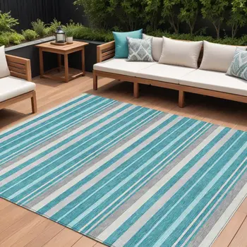 8' X 10' Teal Blue Gray And Ivory Striped Washable Indoor Outdoor Area Rug