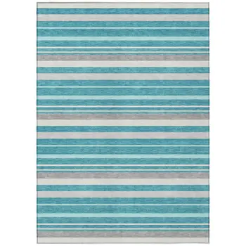 8' X 10' Teal Blue Gray And Ivory Striped Washable Indoor Outdoor Area Rug