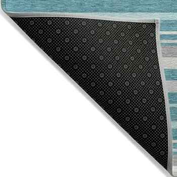 8' X 10' Teal Blue Gray And Ivory Striped Washable Indoor Outdoor Area Rug