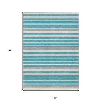 9' X 12' Teal Blue Gray And Ivory Striped Washable Indoor Outdoor Area Rug