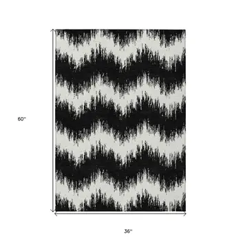 3' X 5' Black And Ivory Chevron Washable Indoor Outdoor Area Rug