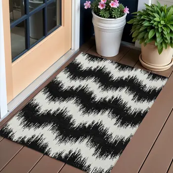 3' X 5' Black And Ivory Chevron Washable Indoor Outdoor Area Rug
