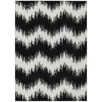 3' X 5' Black And Ivory Chevron Washable Indoor Outdoor Area Rug