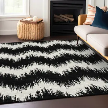 3' X 5' Black And Ivory Chevron Washable Indoor Outdoor Area Rug