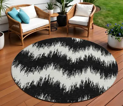 8' Black And Ivory Round Chevron Washable Indoor Outdoor Area Rug