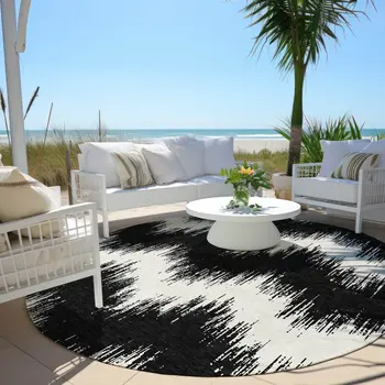8' Black And Ivory Round Chevron Washable Indoor Outdoor Area Rug