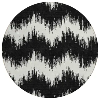 8' Black And Ivory Round Chevron Washable Indoor Outdoor Area Rug