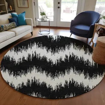 8' Black And Ivory Round Chevron Washable Indoor Outdoor Area Rug
