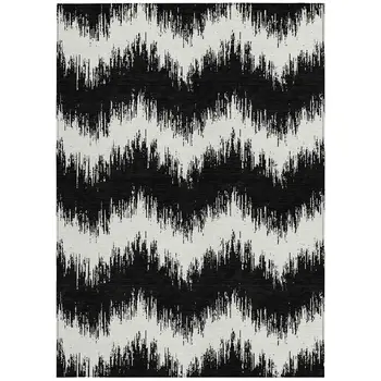9' X 12' Black And Ivory Chevron Washable Indoor Outdoor Area Rug