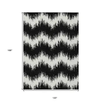 10' X 14' Black And Ivory Chevron Washable Indoor Outdoor Area Rug