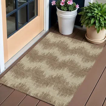3' X 5' Brown And Beige Chevron Washable Indoor Outdoor Area Rug