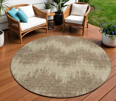 8' Brown And Beige Round Chevron Washable Indoor Outdoor Area Rug