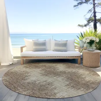 8' Brown And Beige Round Chevron Washable Indoor Outdoor Area Rug