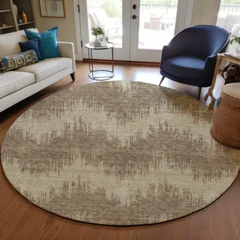 8' Brown And Beige Round Chevron Washable Indoor Outdoor Area Rug