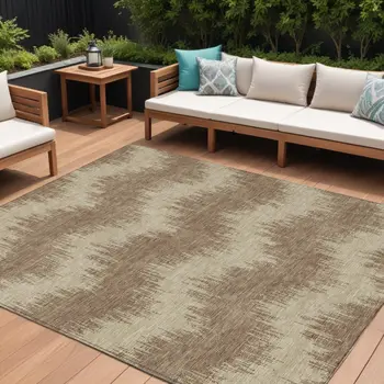 10' X 14' Brown And Beige Chevron Washable Indoor Outdoor Area Rug