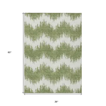 3' X 5' Green And Ivory Chevron Washable Indoor Outdoor Area Rug
