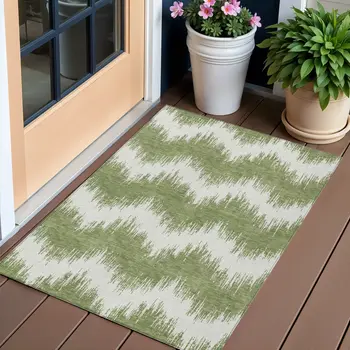 3' X 5' Green And Ivory Chevron Washable Indoor Outdoor Area Rug