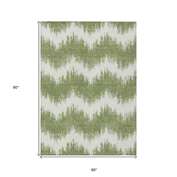 5' X 8' Green And Ivory Chevron Washable Indoor Outdoor Area Rug