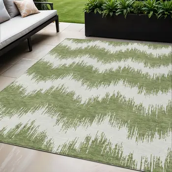 5' X 8' Green And Ivory Chevron Washable Indoor Outdoor Area Rug