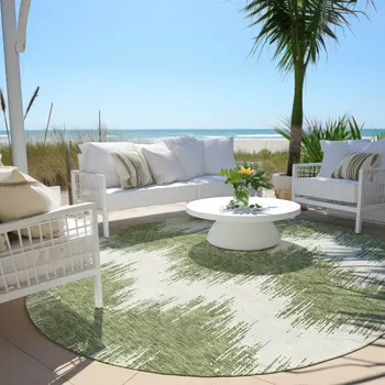8' Green And Ivory Round Chevron Washable Indoor Outdoor Area Rug