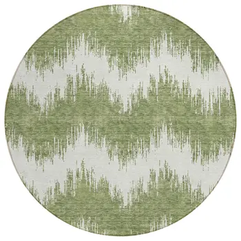 8' Green And Ivory Round Chevron Washable Indoor Outdoor Area Rug