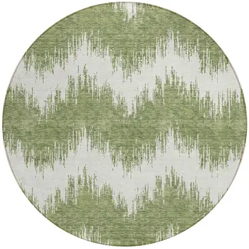 8' Green And Ivory Round Chevron Washable Indoor Outdoor Area Rug