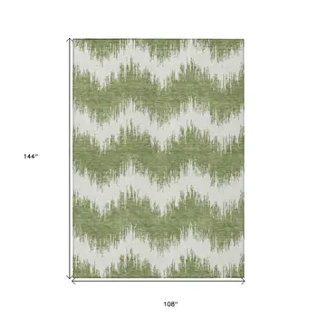 9' X 12' Green And Ivory Chevron Washable Indoor Outdoor Area Rug