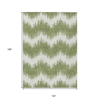 10' X 14' Green And Ivory Chevron Washable Indoor Outdoor Area Rug