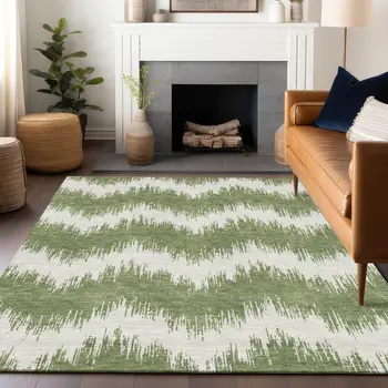 10' X 14' Green And Ivory Chevron Washable Indoor Outdoor Area Rug