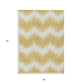 3' X 5' Gold And Ivory Chevron Washable Indoor Outdoor Area Rug