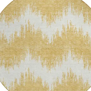 8' Gold And Ivory Round Chevron Washable Indoor Outdoor Area Rug