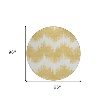 8' Gold And Ivory Round Chevron Washable Indoor Outdoor Area Rug